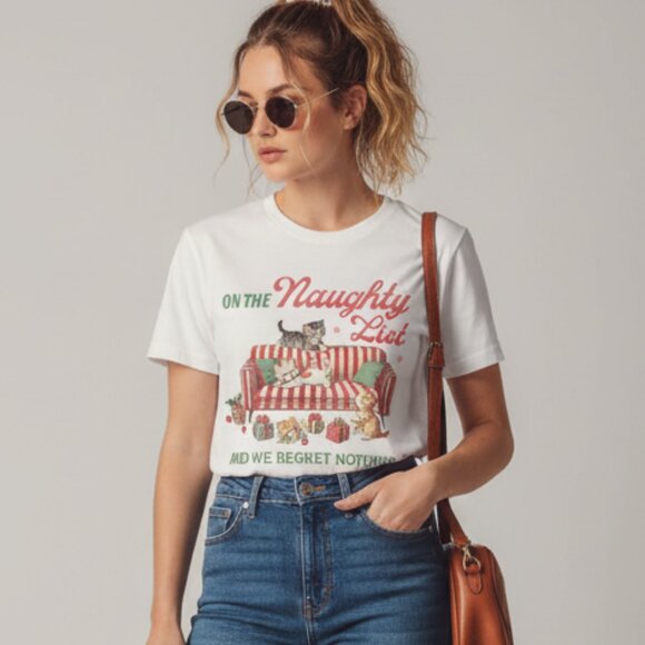 Cat Christmas Graphic Tee Funny Holiday Kitten Naughty List T-Shirt - Picture 1 of 7